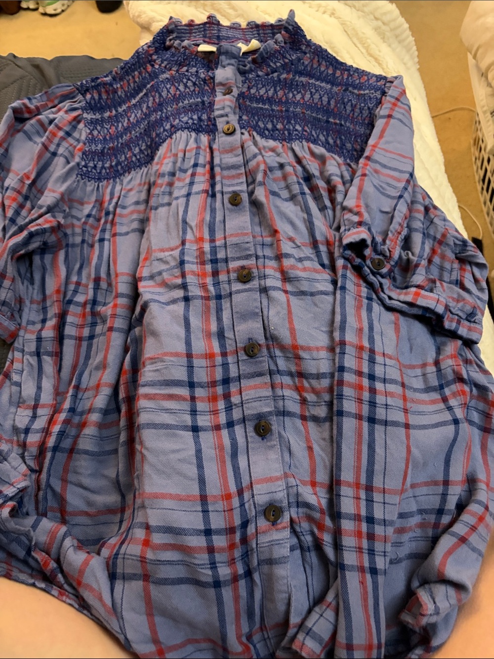 Maeve Blue Plaid Smocked Yoke Button-Front Blouse